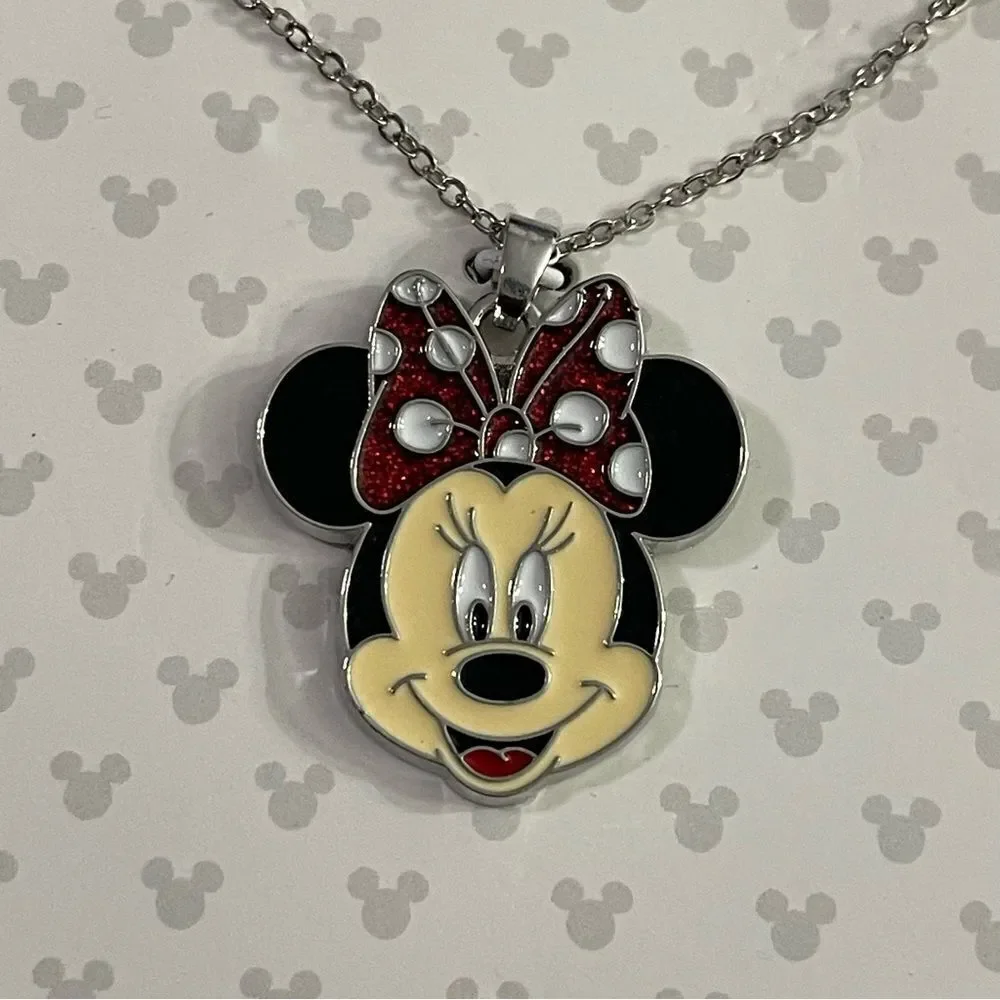 Disney Minnie Mouse Silver Tone Glitter Bow Pendant Adjustable 16” Necklace